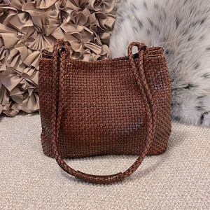 Vintage Nine West Distressed Brown Woven Leather Boho Designer Shoulder Tote Bag